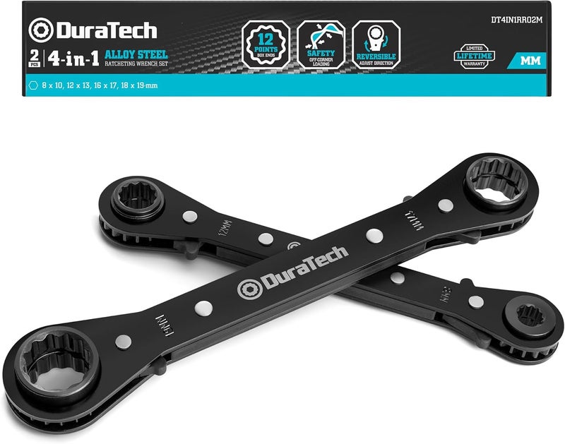 DURATECH 4-in-1 Reversible Ratcheting Wrench Set, Double Box End Wrench Set, 2-Piece, 8mm, 10mm, 12mm, 13mm, 16mm, 17mm, 18mm, 19mm, Metric - Image 1